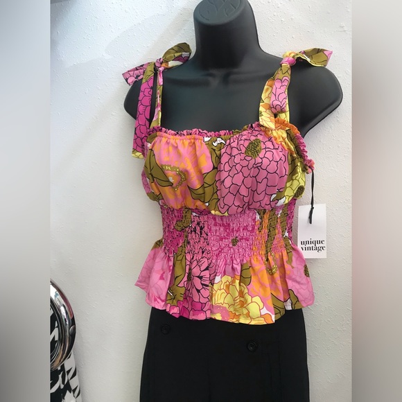 Unique Vintage Breezy Babe Smocked Top Tank Straps Pink Multi New - Picture 4 of 12